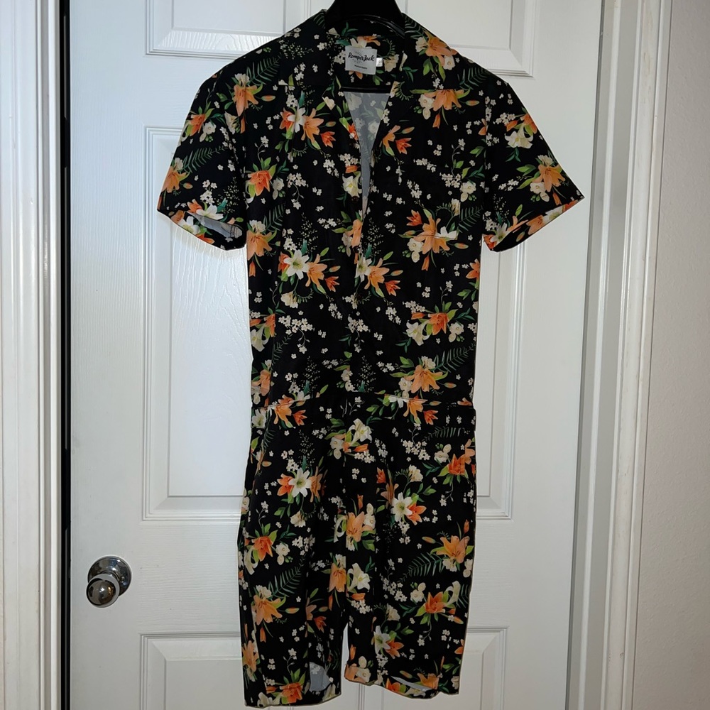 ROMPERJACK Navy Blue Romper with orange floral detail - MEN SIZE SMALL